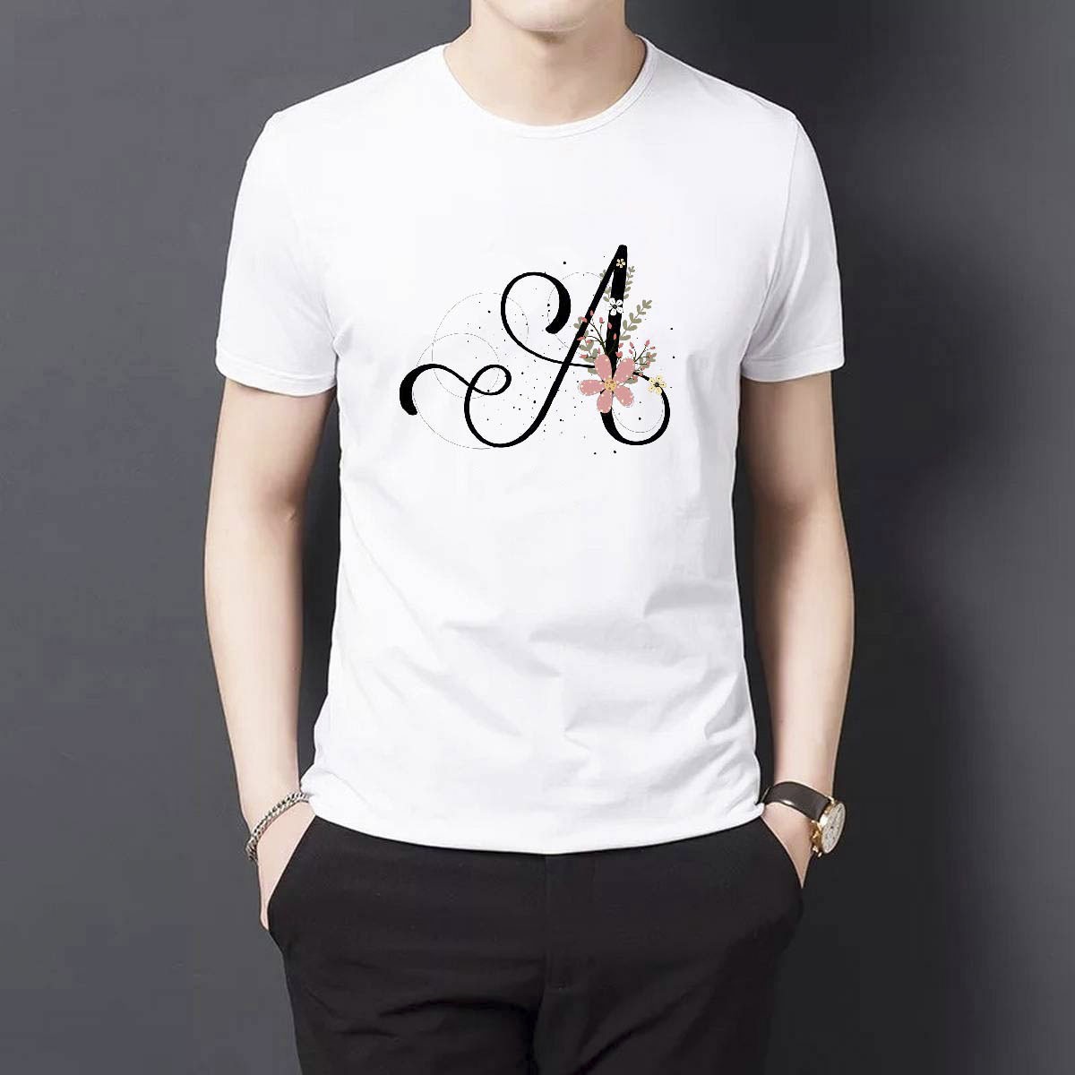 Floral Alphabet Letters White Color T-Shirt for Men